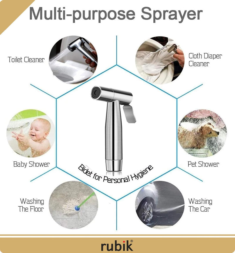 Rubik Bidet Spray Shower Handheld Sprayer for Toilet, Stainless Steel 1.5M Head Hose and Holder for Self Cleaning Muslim Shattaf Pipe Set Perfect for Bathroom Cloth Diaper Washing