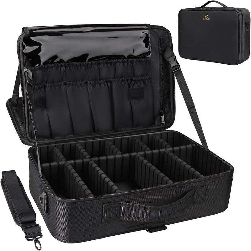 Makeup Case Large Makeup Bag Professional Train Case 16.5 inches Travel Cosmetic Organizer Brush Holder Waterproof Makeup Artist Storage Box, 3 Layer Large Capacity - Black