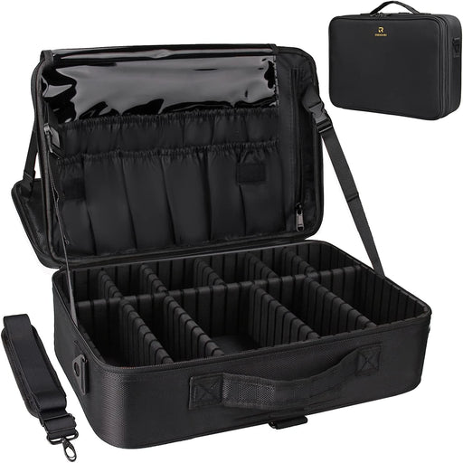 Makeup Case Large Makeup Bag Professional Train Case 16.5 inches Travel Cosmetic Organizer Brush Holder Waterproof Makeup Artist Storage Box, 3 Layer Large Capacity - Black