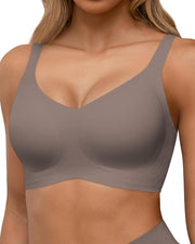 Womens Seamless Bras, Wireless Full Coverage Push Up Bras, Comfortable Support Bralette with V Neck - Grey