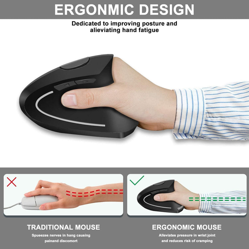 Microware Rechargeable 2.4ghz Wireless Vertical Ergonomic Mouse 800-1600 Dpi Optical Mouse 6 Buttons and Portable Office Gaming Cordless Mice with A USB Receiver for Pc Computer Laptop for Right Hand - Black