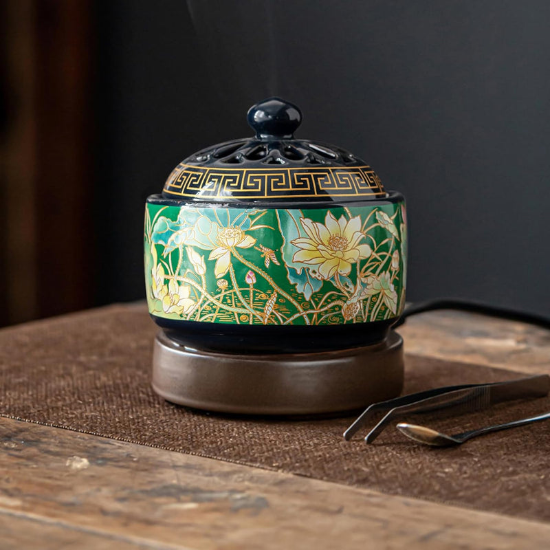 Ceramic Electric Incense Burner, Electronic Aroma Diffuser with Timing Temperature Adjustment and Cover, Resin Frankincense Burner, Used for Indoor Air Purification/Home Decoration/Meditation