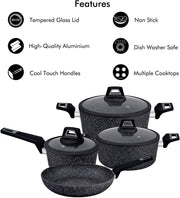 Royalford Chef Art Aluminium Cookware Set, 7 Pieces, Black, RF9557, Scratch Resistant, Tempered Glass Lids, 2.5MM Body Thickness, Bakelite Knobs, and CD Bottom