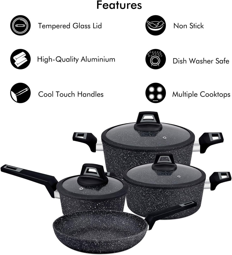 Royalford Chef Art Aluminium Cookware Set, 7 Pieces, Black, RF9557, Scratch Resistant, Tempered Glass Lids, 2.5MM Body Thickness, Bakelite Knobs, and CD Bottom