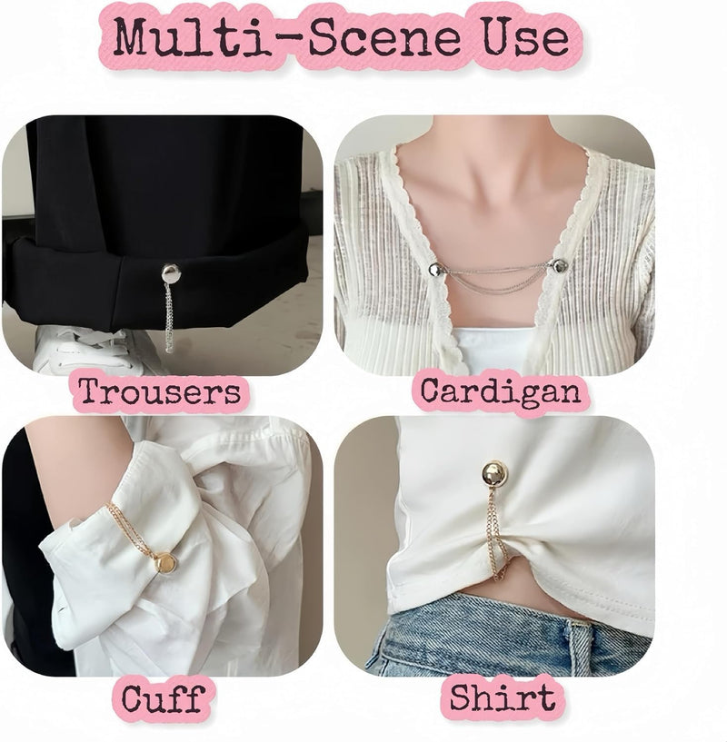Magnetic Clothing Clips, Multi-Function Magnet Pin with Chain, Hijab Magnets & Clothing Brooch for Shirt Ties, Fabric Button Fastener – Versatile Clip for Shirts, and Fabrics(4pcs,Silver)