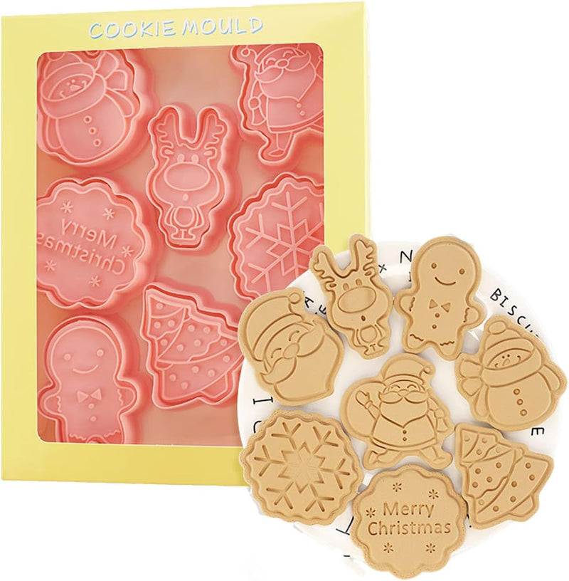 8pcs Christmas Cookie Cutters Set with DIY 3D Stamper Gingerbread Man, Snowflake, Snowman, Christmas Tree & Reindeer Shapes Biscuit Baking Mold for Kids for Christmas(Pink B) - Pink A