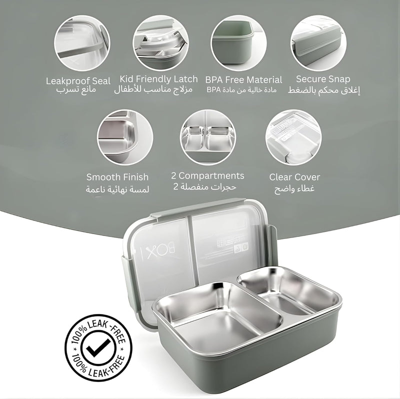 Stainless Steel 2 Compartments Bento Lunchbox with Removable Inner Tray - Leak Proof Bento Box for Kids, Adults - Tiffin Box for Office, School (GREEN)