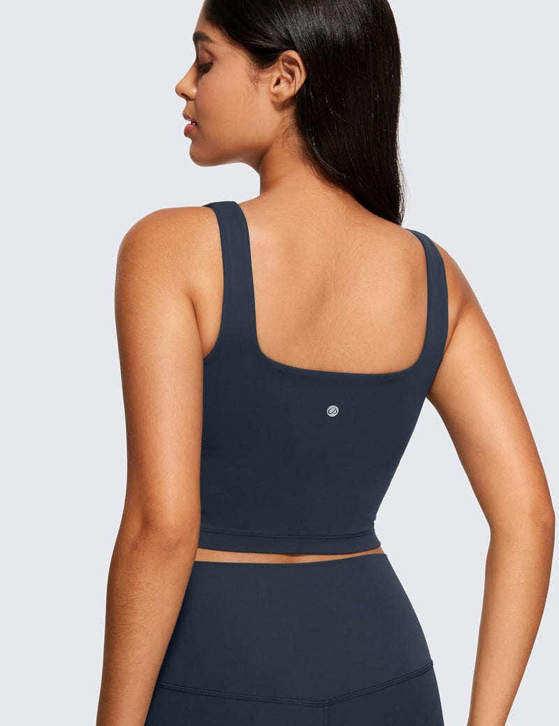 CRZ YOGA Butterluxe Womens Square Neck Longline Sports Bra - Workout Crop Tank Tops Padded Yoga Camisole with Built in Pads