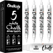 5 White Chalk Markers (1mm, 3mm, 5mm, 15mm) - Dry Erase Markers for Blackboard, Chalkboard, Car Window, Glass - Dual tip, Fine & Jumbo Tip - Erasable Liquid Chalk Pens, Chalkboard Markers