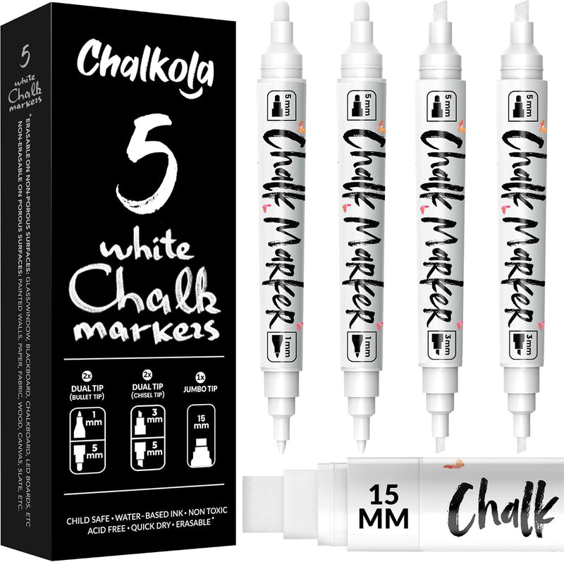 5 White Chalk Markers (1mm, 3mm, 5mm, 15mm) - Dry Erase Markers for Blackboard, Chalkboard, Car Window, Glass - Dual tip, Fine & Jumbo Tip - Erasable Liquid Chalk Pens, Chalkboard Markers