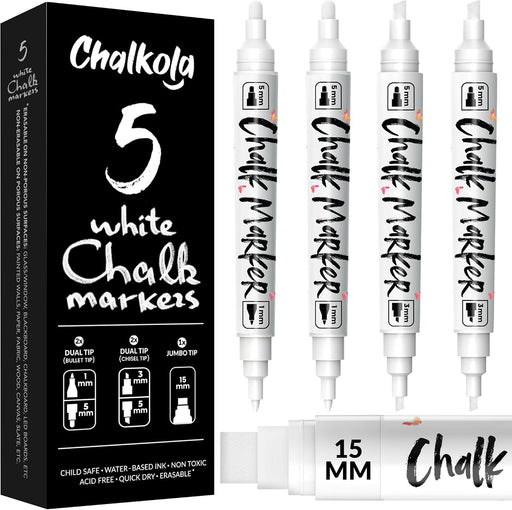5 White Chalk Markers (1mm, 3mm, 5mm, 15mm) - Dry Erase Markers for Blackboard, Chalkboard, Car Window, Glass - Dual tip, Fine & Jumbo Tip - Erasable Liquid Chalk Pens, Chalkboard Markers