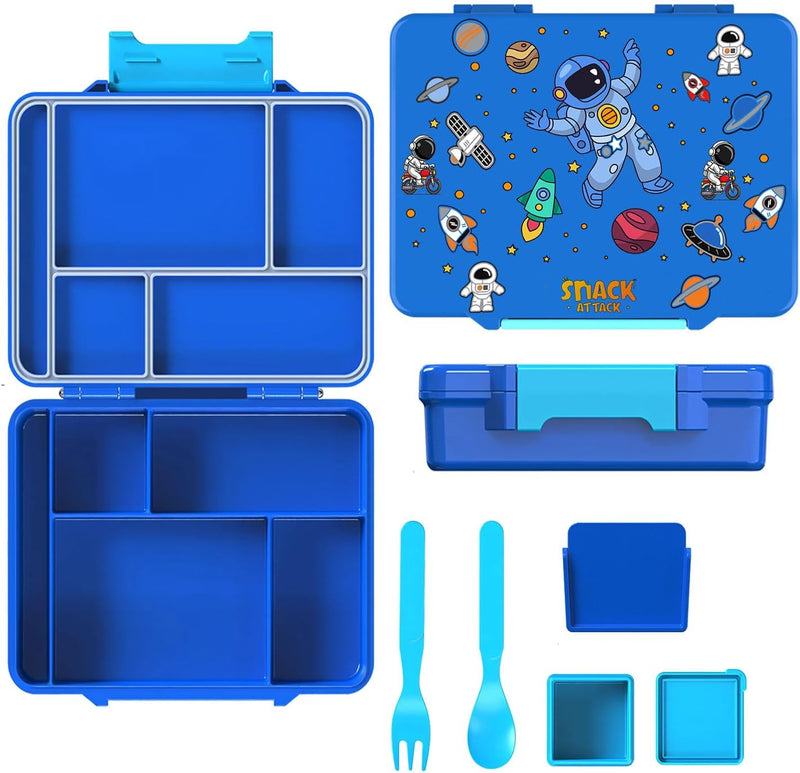 Kids Bento Lunch Box, 5 Compartments, Soccer Design, Turquoise, Dishwasher Safe, Leak-Proof Container with Utensils, 1330ml Capacity (Blue Astro planet) - Blue Astro planet
