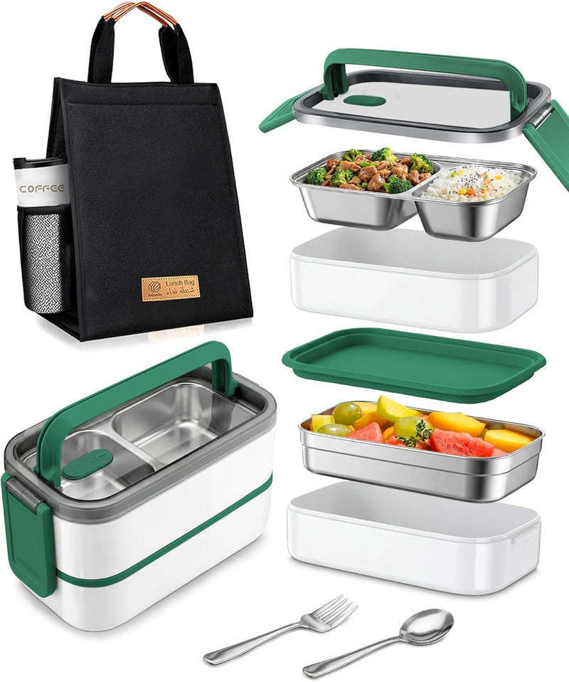Stainless Steel Lunch Box: 1100ml 2-Layer Insulated Bento Lunch Box for Adults and kids - 304 Lunch Containers Insulated Leakproof with Tableware & Bag - Microwave & Dishwasher Safe (Khaki) - Dark green