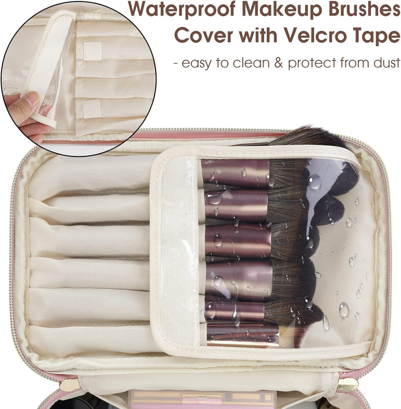 Makeup Bag, Travel Make Up Organizer Cosmetic Brush Bags Case for Women in Eco Vegan Leather - Pink