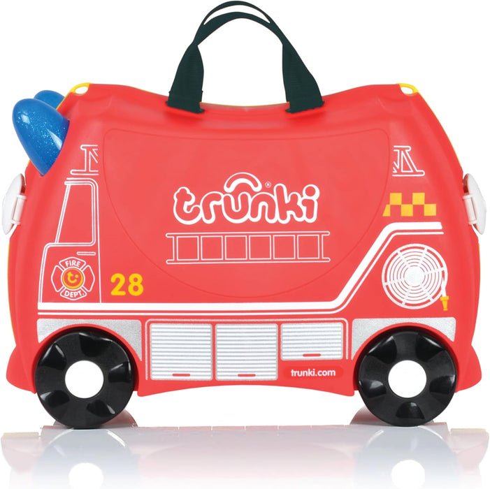 Trunki Rideon - Frank Fire Engine Suitcase - Durable ABS & Polypropylene Carry-On Luggage for Kids | Fun Travel Companion with Toy Storage - Perfect for Little Explorers - Flossi Flamingo (Red)