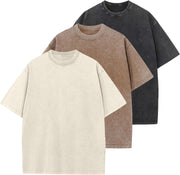 Mens Cotton T-Shirt, Oversized, Unisex, Short-Sleeved, Casual, Loose Fit, Washed, Solid Color - Beige+coffe+black