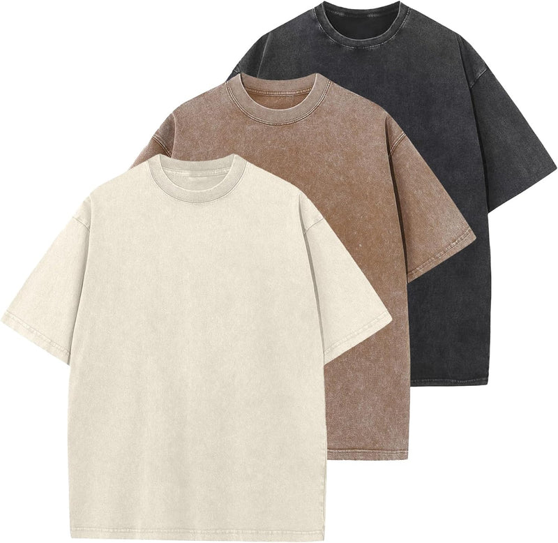 Mens Cotton T-Shirt, Oversized, Unisex, Short-Sleeved, Casual, Loose Fit, Washed, Solid Color - Beige+coffe+black