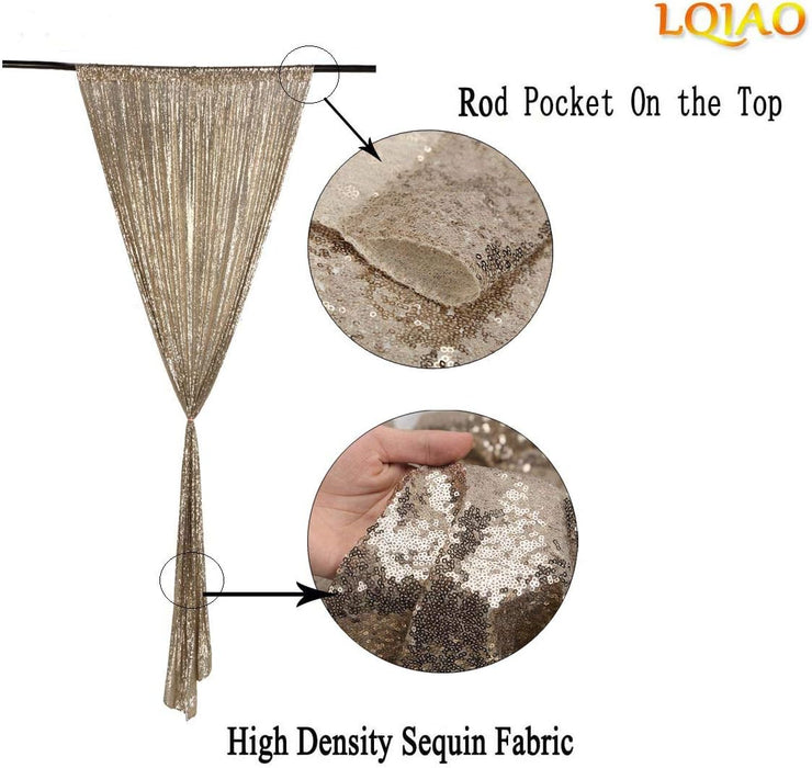 LQIAO 2 Panels Light Gold Sequin Backdrop Glitter Fabric for Wedding Birthday Parties Shimmer Wall-2x8ft