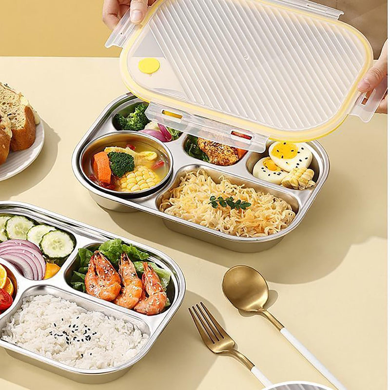 Stainless Steel Lunch Box with Plastic Lids - Bento Box 5 Compartments Reusable Meal Prep for Kids Adult School, Home Lunch, Travel