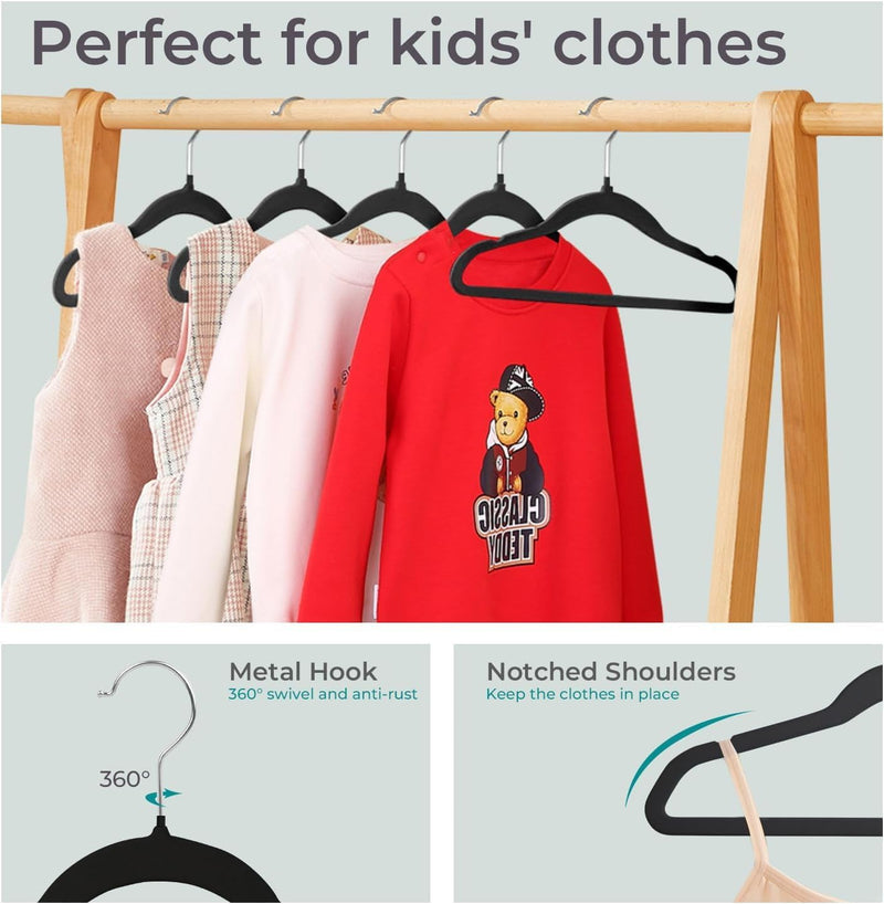 ManGotree 10 Pack 14 Inch Premium Kids Velvet Hangers for Closet, Ultra-Thin Children's Clothes Hangers with 360° Swivel Hook, Sturdy Non-Slip Felt Kids Hangers for Youth (Black)