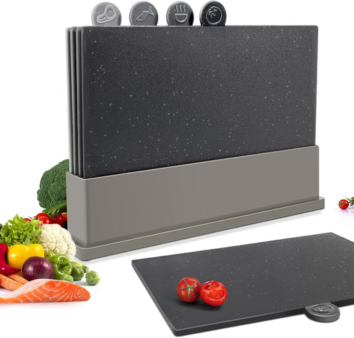 Masthome Chopping Board Set, 4pcs Index Cutting Board with Stand & Food Icons, Plastic Chopping Board Set for Kitchens, BPA-Free, Dishwasher Safe, 31.5 x 21.5 cm