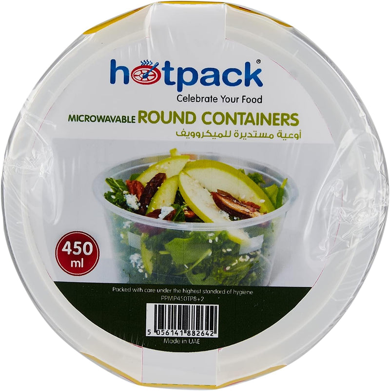 Hotpack Disposable Lunch Box, Food Storage, Microwavable Round Container 450ml with Lid, 8+2 Free, White