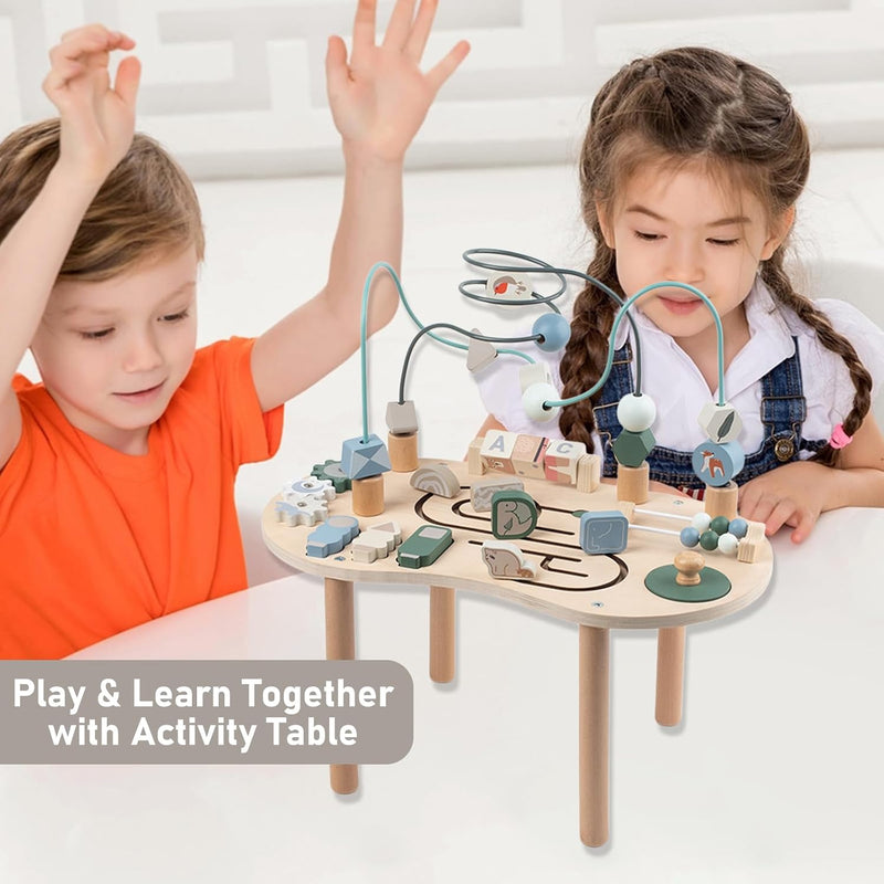 Wooden Activity Table for Toddlers 1-3, 6 in 1 Baby Play Table Activity Center with Bead Maze Shape Sorter, Montessori Toys for 1 Year Old, Kids Learning Educational Sensory Toys for Boy Girl