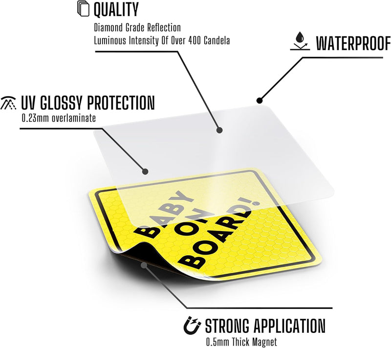 Baby On Board MAGNET Sign for Car - 2 Pack, 5" by 5" - Essential Magnetic Sticker for Bumper - Bright Yellow and Reflective - Best Safety Sign Accessories for Cars