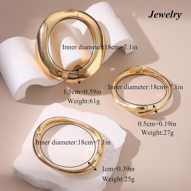 Chunky Gold Bangle Bracelets, Trendy Wide Wrist Cuff Bracelet, Stackable Statement Bangles, Fashion Jewelry Set for Wedding, Party, Travel Women, Girls, Stylish Gift for Her, 3Pcs