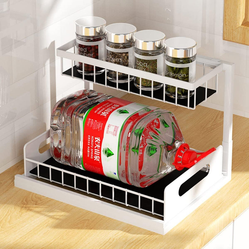 2 Tier Kitchen Storage Shelves, Under Sink Organizers and Storage, Pull Out Drawers Sliding Shelf Bathroom Countertop Organizer Rack L-Shaped