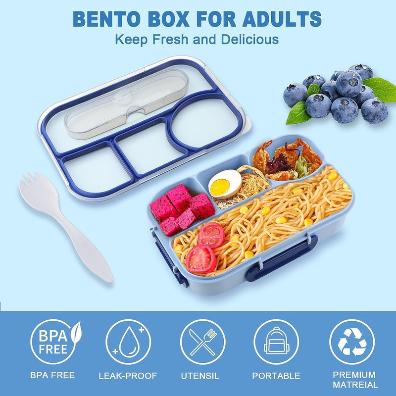 Bento Lunch Box, Microwave Safe Food Container with 4 Compartments & Fork, 1100ML, Leakproof Meal Prep for Men & Women, Reusable, 1 Pcs (Blue)