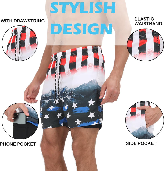 Mens Swim Trunks with Compression Liner 2 in 1 Quick Dry Beach Swimming Trunks Swim Shorts with Zipper Pockets