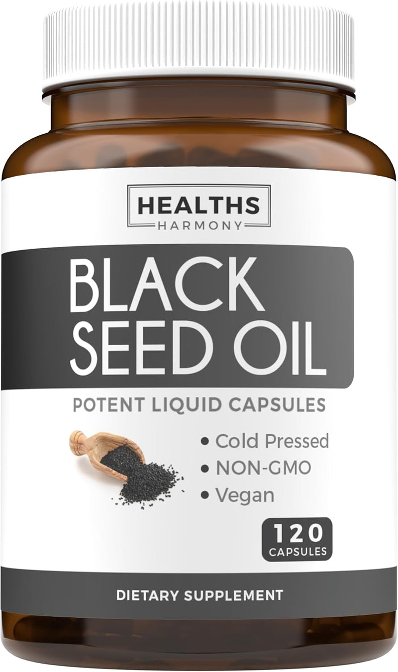 Black Seed Oil - 120 Softgel Capsules (Non-GMO & Vegetarian) Premium Cold-Pressed Nigella Sativa Producing Pure Black Cumin Seed Oil with Vitamin E - Each, 1000mg Per Serving