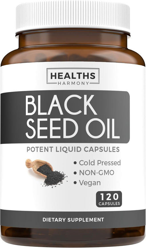 Black Seed Oil - 120 Softgel Capsules (Non-GMO & Vegetarian) Premium Cold-Pressed Nigella Sativa Producing Pure Black Cumin Seed Oil with Vitamin E - Each, 1000mg Per Serving