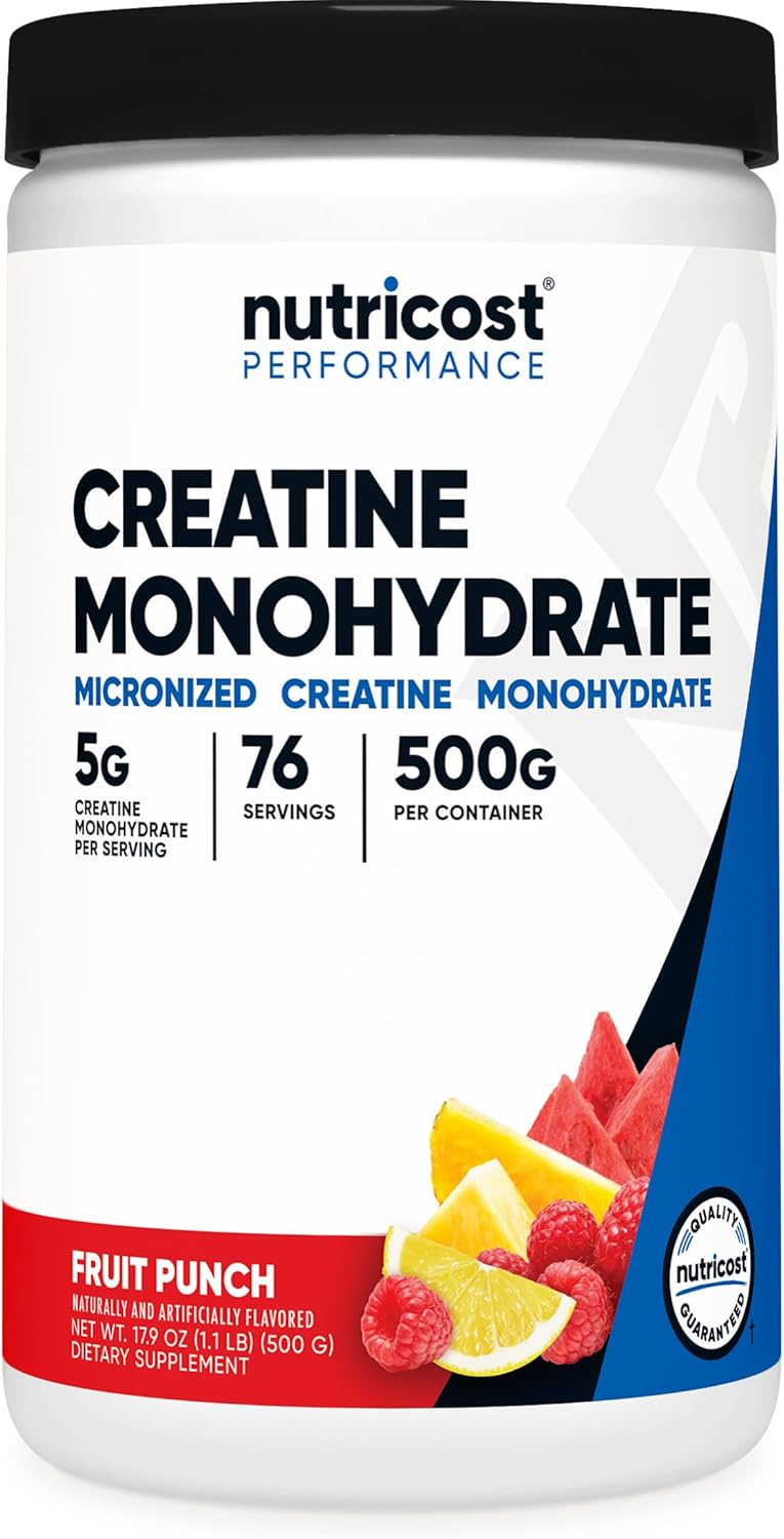 Nutricost Creatine Monohydrate Micronized Powder 500G, 5000mg Per Serv (5g) - 100 Servings, 17.9 Oz - Fruit Punch 76 Servings