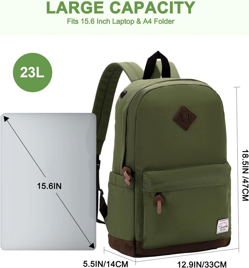 VASCHY Men's Backpack, Women's Waterproof School Bag, Boy Girl Computer 15.6 Inch Vintage for School, College, Work, Travel, Leisure