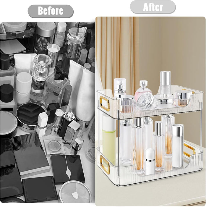 U-HOOME Bathroom Organizer Countertop, Clear Makeup Desk Organzier for Dressing Table, Bathroom Vanity Countertop, 2-Tier Vanity Tray Shelf for Cosmetic, Lotions, Perfume and Toiletries (Clear)