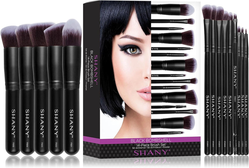 SHANY Makeup Brushes - Black Bombshell - 14-Piece Brush Set Foundation Powder Concealers Eye Shadows Makeup brushes - Complete Kabuki Makeup Brush Set in Black - 14 PCS