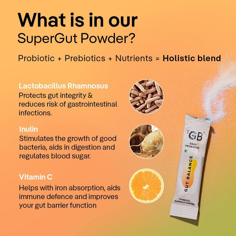 Gut Balance SuperGut Stick for Gut Health, Strong Digestion & Immunity Probiotics + Inulin + Vitamin C For Men & Women 3Bn CFU of Clinically Proven Strains 30 Days Pack