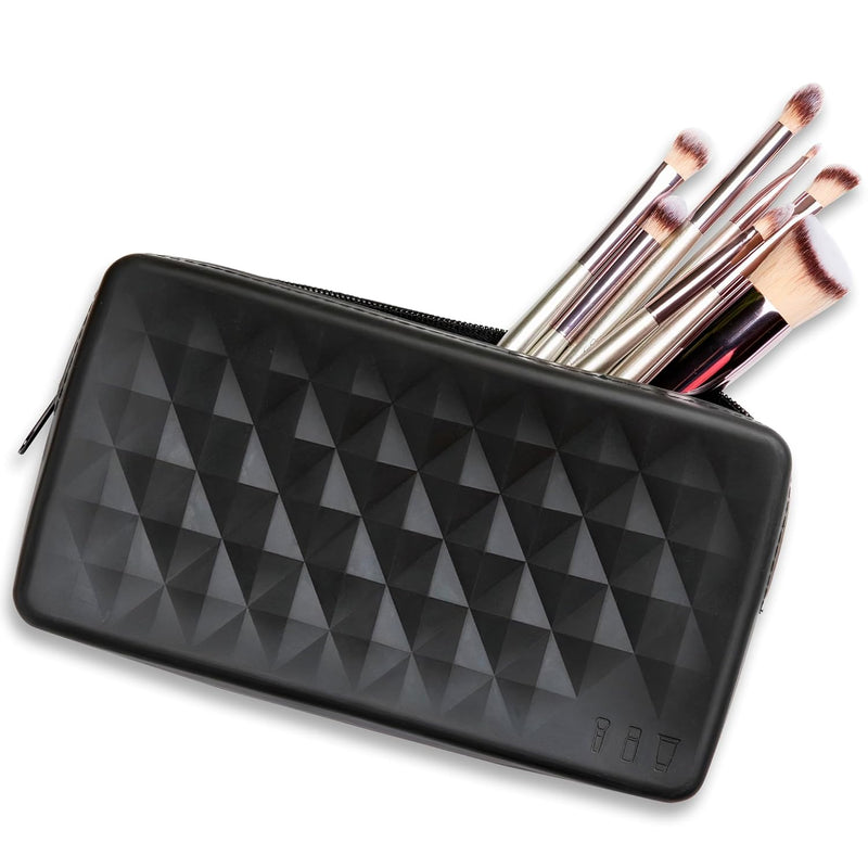 Alba By Design Silicone Makeup Brush Holder for Cosmetic Tools and More - Silicone Makeup Bag with Zipper Closure. Water Resistant Travel Makeup Brush Bag (Black)