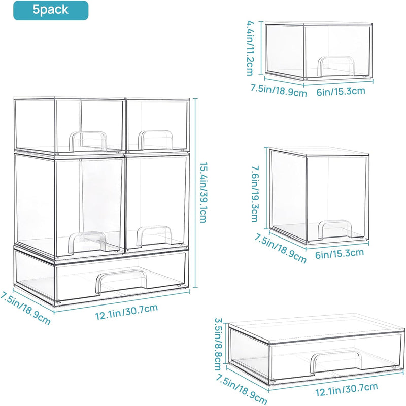 Vtopmart 12.1''W Clear Stackable Storage Drawers,4 Pack Acrylic Plastic Organizers Bins for Makeup Palettes, Cosmetics, and Beauty Supplies,Ideal for Vanity, Bathroom,Cabinet,Desk Organization