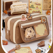 Cute Capybara Pencil Case, Capybara School Supplies, Clear Aesthetic Pencil Pouch with Cute Capybara Pins and Plush, Large Capacity Multi-layers Pen Case