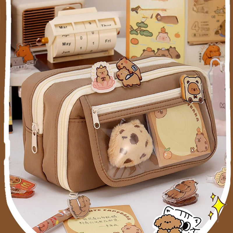 Cute Capybara Pencil Case, Capybara School Supplies, Clear Aesthetic Pencil Pouch with Cute Capybara Pins and Plush, Large Capacity Multi-layers Pen Case