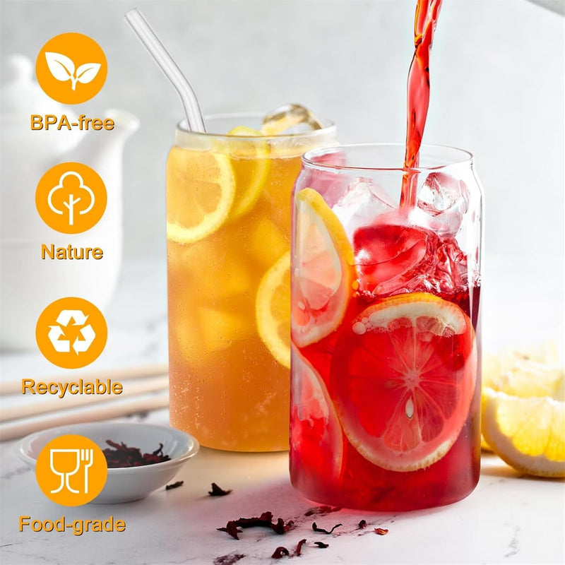 TAME Glass Cups with Bamboo Lids and Straws,16OZ Ice Coffee Cup, Beer Can Shaped Drinking Glasses Set of 2, Drinking Cup with lid, Cute Glass Tumblers for Beer, Cocktail, Tea and Latte