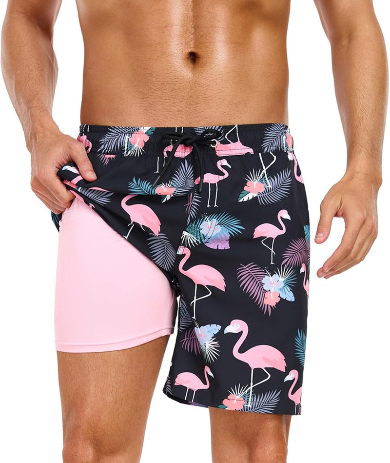 Mens Swim Trunks with Compression Liner 2 in 1 Quick Dry Beach Swimming Trunks Swim Shorts with Zipper Pockets
