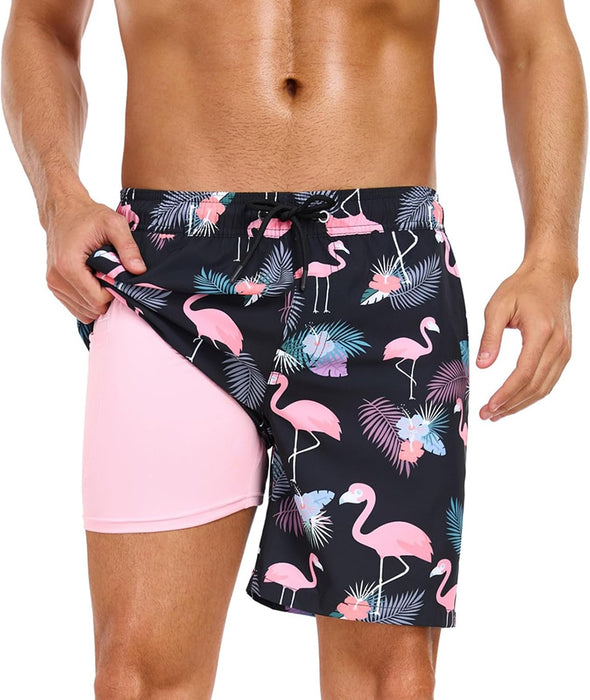 Mens Swim Trunks with Compression Liner 2 in 1 Quick Dry Beach Swimming Trunks Swim Shorts with Zipper Pockets