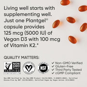 D3 + K2, Plant-Based, 30 Veggie Softgels Plant-Based Vitamin D 5000iu/125mcg & Soy-Free Vitamin K 100mcg for Bone & Immune Support - Vegan Certified & Non-GMO Verifed