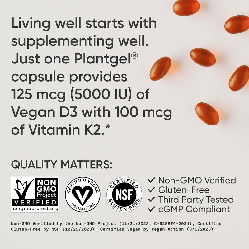 D3 + K2, Plant-Based, 30 Veggie Softgels Plant-Based Vitamin D 5000iu/125mcg & Soy-Free Vitamin K 100mcg for Bone & Immune Support - Vegan Certified & Non-GMO Verifed