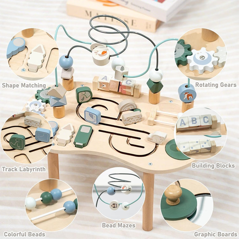Wooden Activity Table for Toddlers 1-3, 6 in 1 Baby Play Table Activity Center with Bead Maze Shape Sorter, Montessori Toys for 1 Year Old, Kids Learning Educational Sensory Toys for Boy Girl