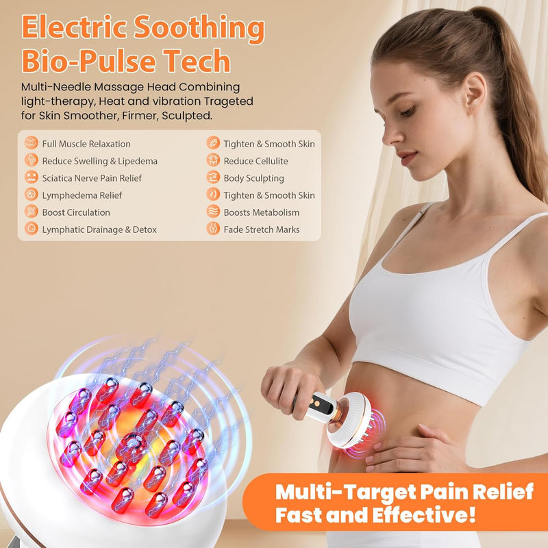 4-in-1 Lymphatic Drainage Massager Anti Cellulite Body Sculpting Device Red Light Heat Vibration, Reduce Cellulite Stretch Marks Fat, for Belly Legs Arms Stomach Pain Relief